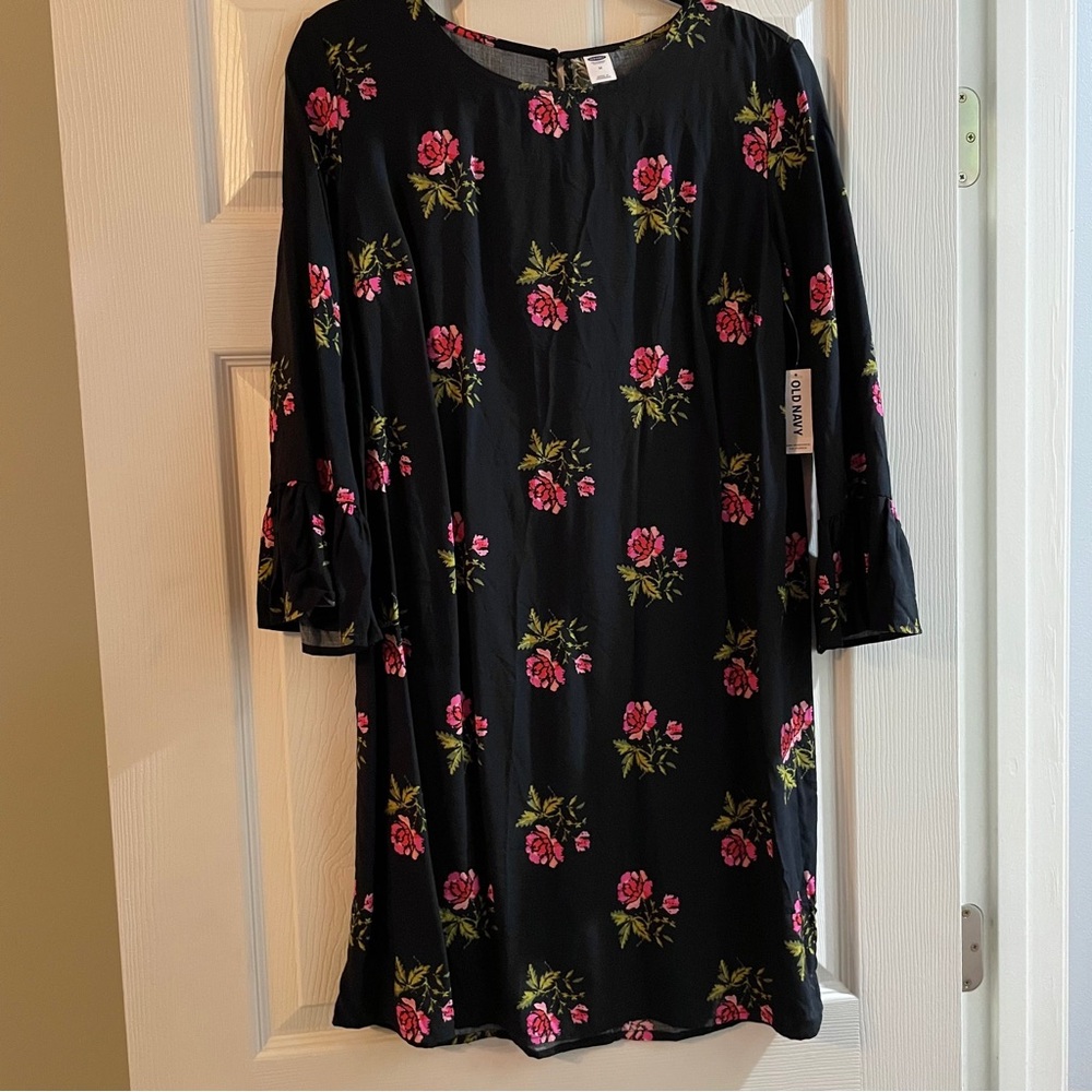NWT Old Navy 3/4 Sleeve Black Dress with Pink Floral Print